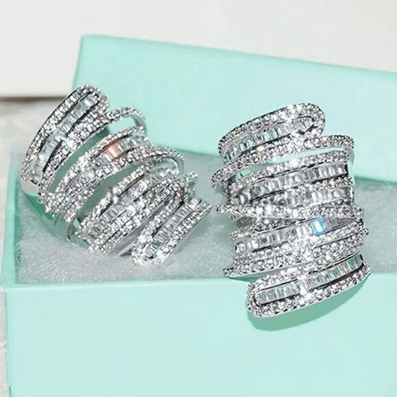 6.4 CT Sterling Silver Baguette Round Diamond Wedding Engagement Ring - Size 7 - Picture 1 of 11